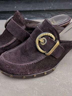 Stuart Weitzman Women's Dark Chocolate Suede Clog Loafers with Brass Buckle